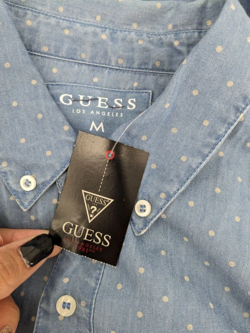 Guess Los Angeles Chambray Polka Dot Shirt Button Up Short Sleeve Coastal Medium